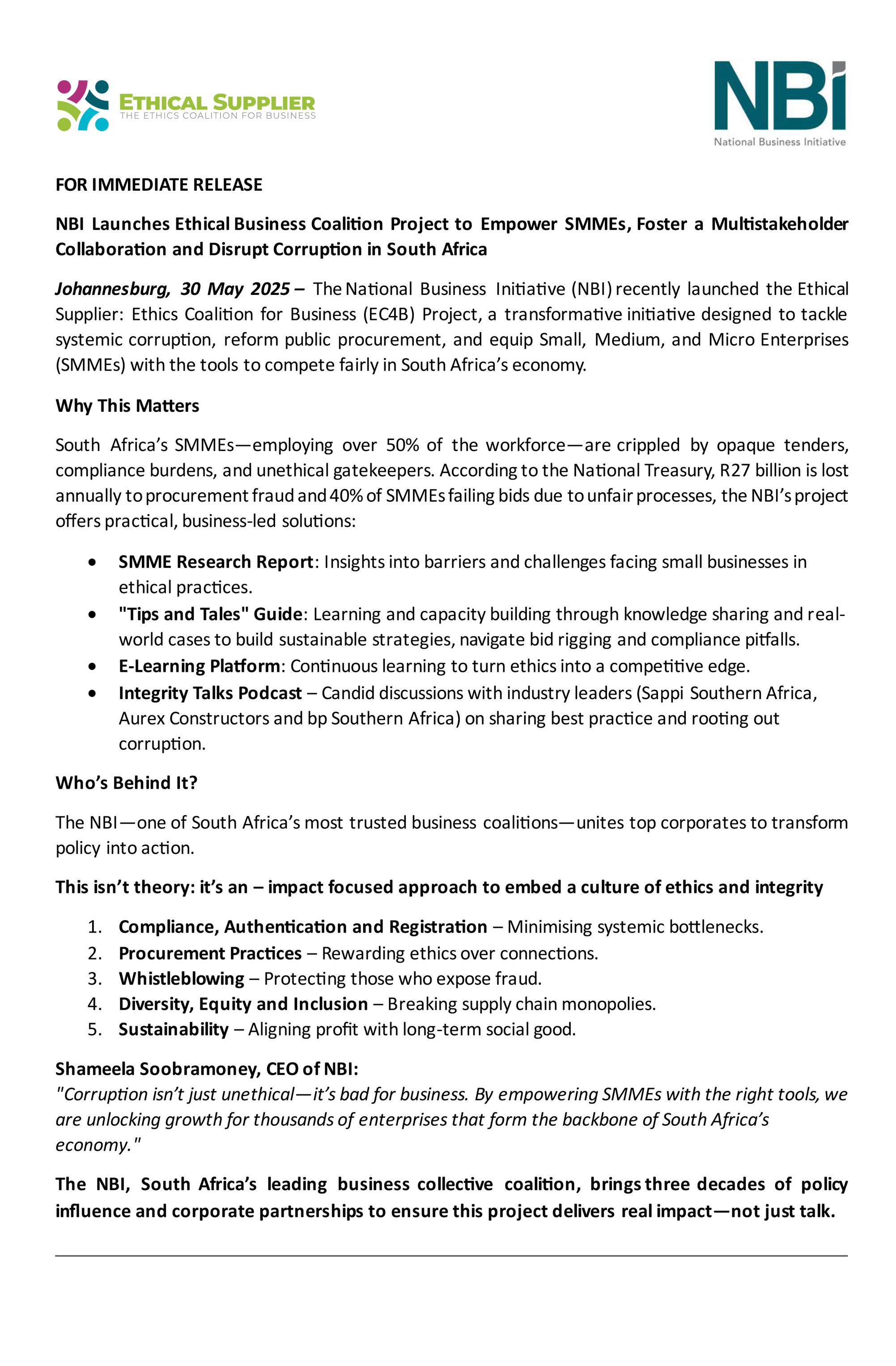 NBI Ethical Supplier Press Release